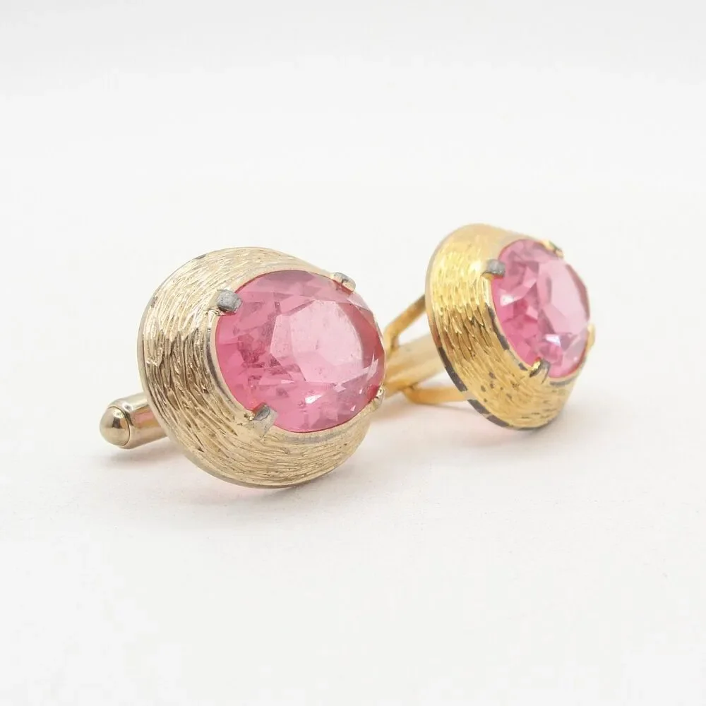 Vintage Swank Pink Glass Gold Tone Oval Cufflinks Mens Formal Wedding Groomsmen